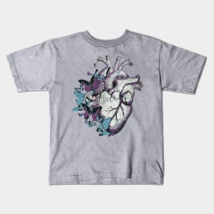 Heart in love, vintage effect watercolor blue butterflies, Heart, anatomical Human heart Kids T-Shirt